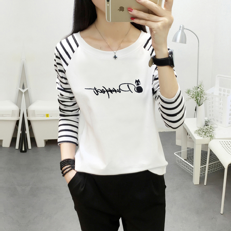 <免費觀看，潮流時尚>條紋長袖t恤女秋寬鬆上衣服女初中學生打底小衫秋季女裝2016新款