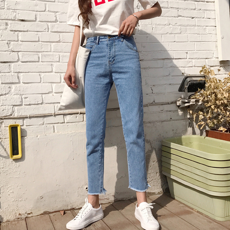 春秋女裝韓版高腰顯瘦毛邊直筒褲九分褲牛仔褲學生百搭小哈倫褲潮