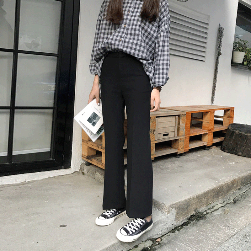 韓版春夏黑色高腰直筒闊腿西裝褲女