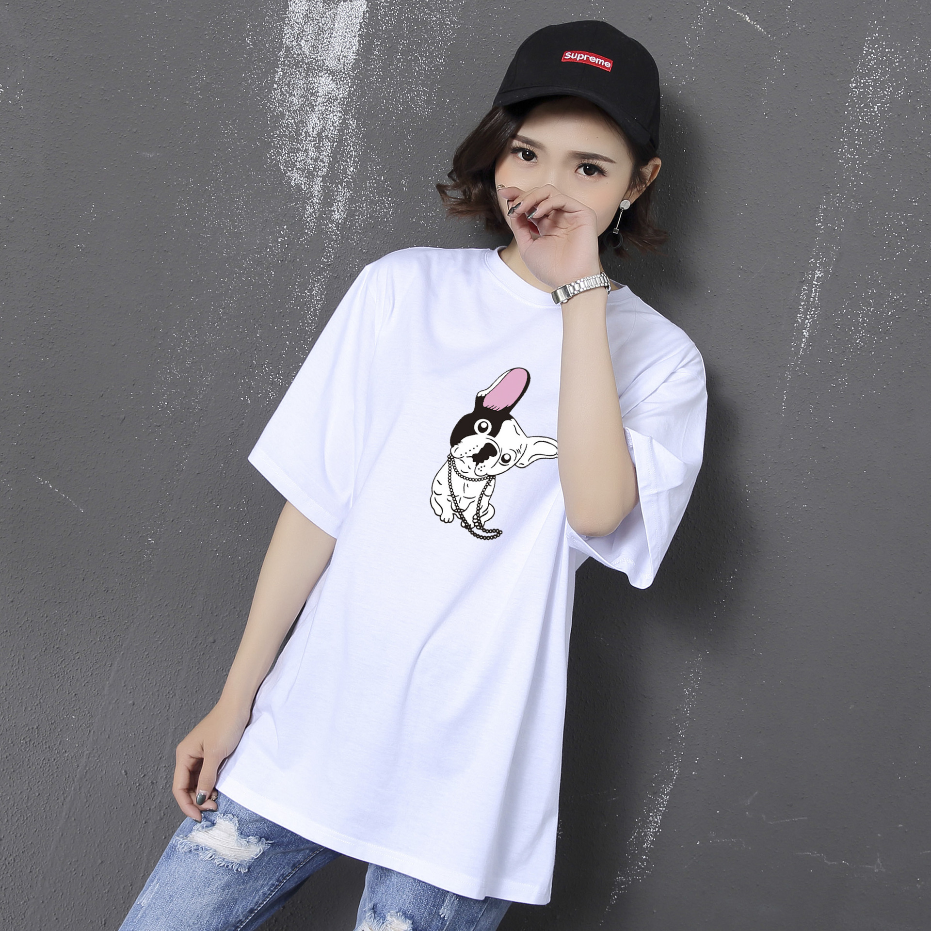 夏季女裝韓版修身V領上衣打底衫純棉字母印花短袖t恤女白色8018